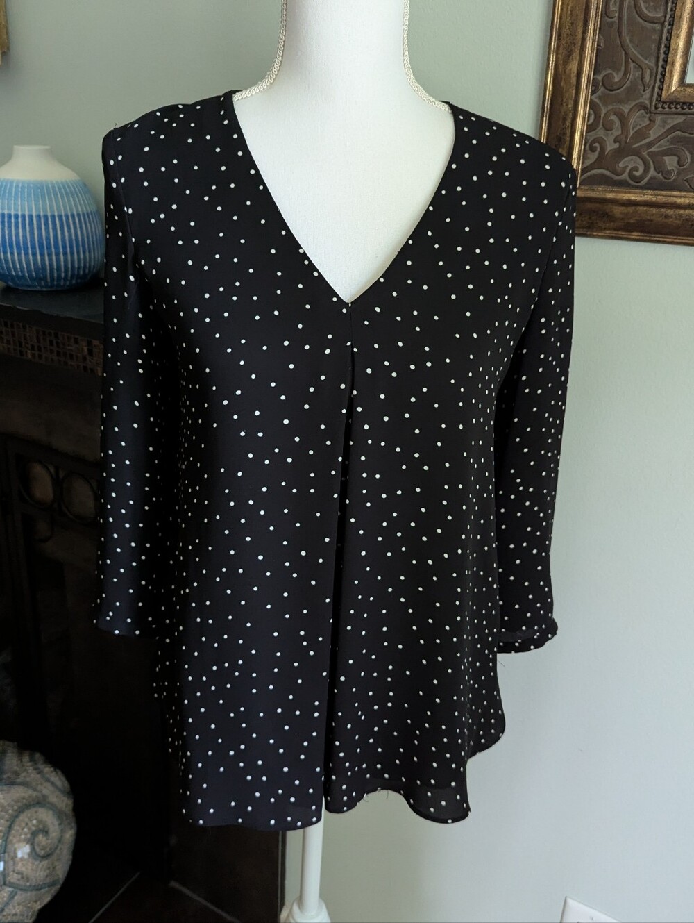 White House Black Market Women's 2 Black Polka Dot Pleated Blouse3/4 Sleeve
